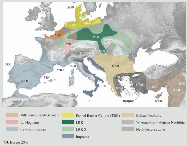 mapa arheoloskih naseobina iz ranog neolita u evropi J. Burger 2009